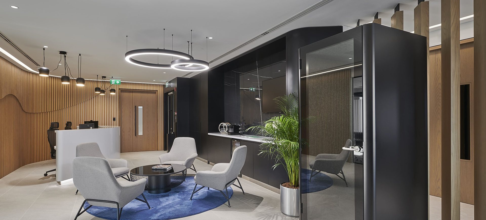 Modern office lobby and lounge seating area