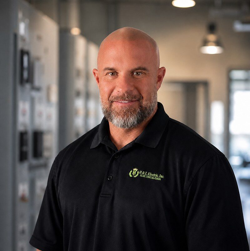 Will Henry, President of H&L Electric, standing in front of an electrical panel