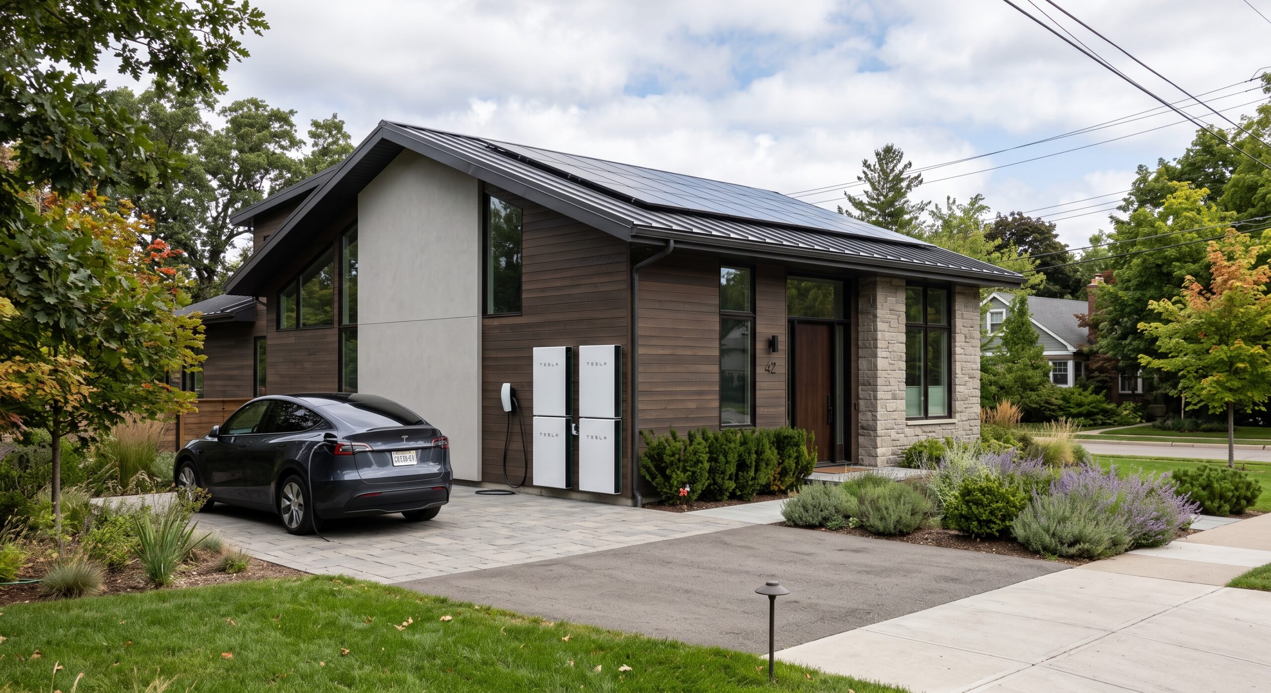 Modern home exterior with EV charger installed on the side